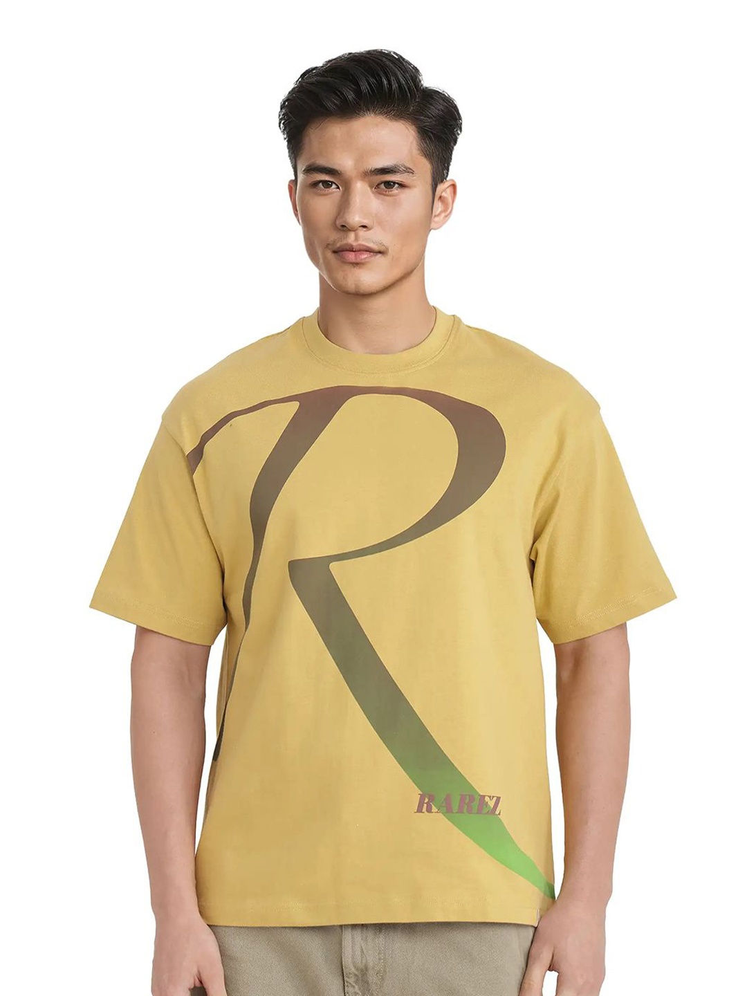 

RARE RABBIT Men ELZO Typography Printed Round Neck Cotton Relaxed Fit T-shirt, Mustard