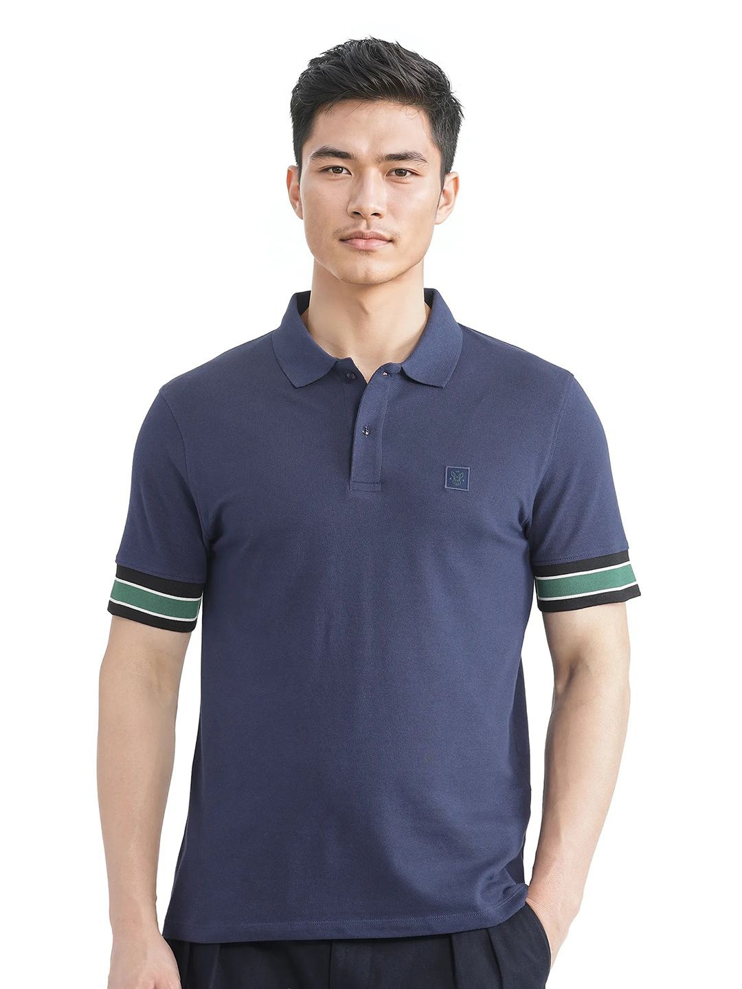 

RARE RABBIT Men Striped Polo Collar Cotton T-shirt, Navy blue