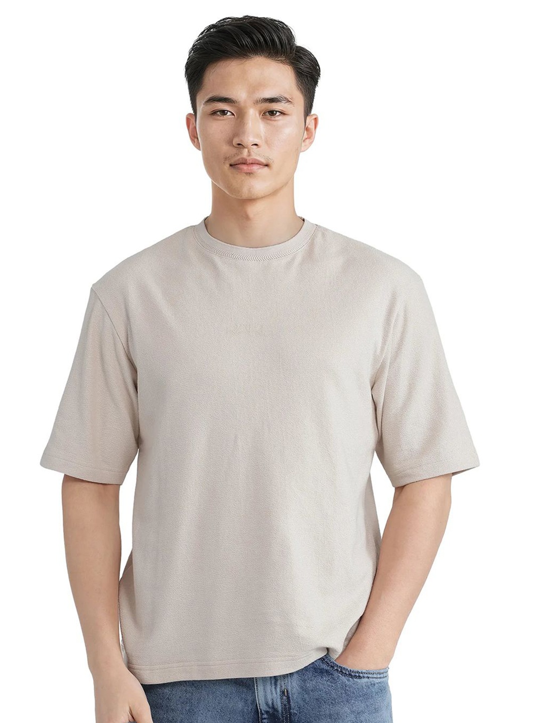 

RARE RABBIT Men Solid Round Neck Cotton T-shirt, Beige