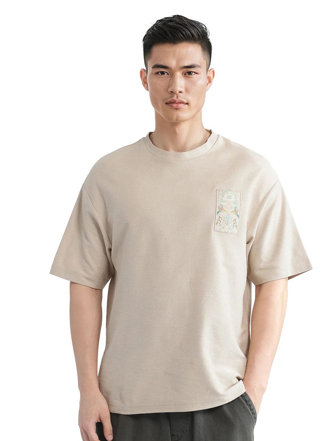 

RARE RABBIT Men Solid Round Neck Cotton Relaxed Fit T-shirt, Beige