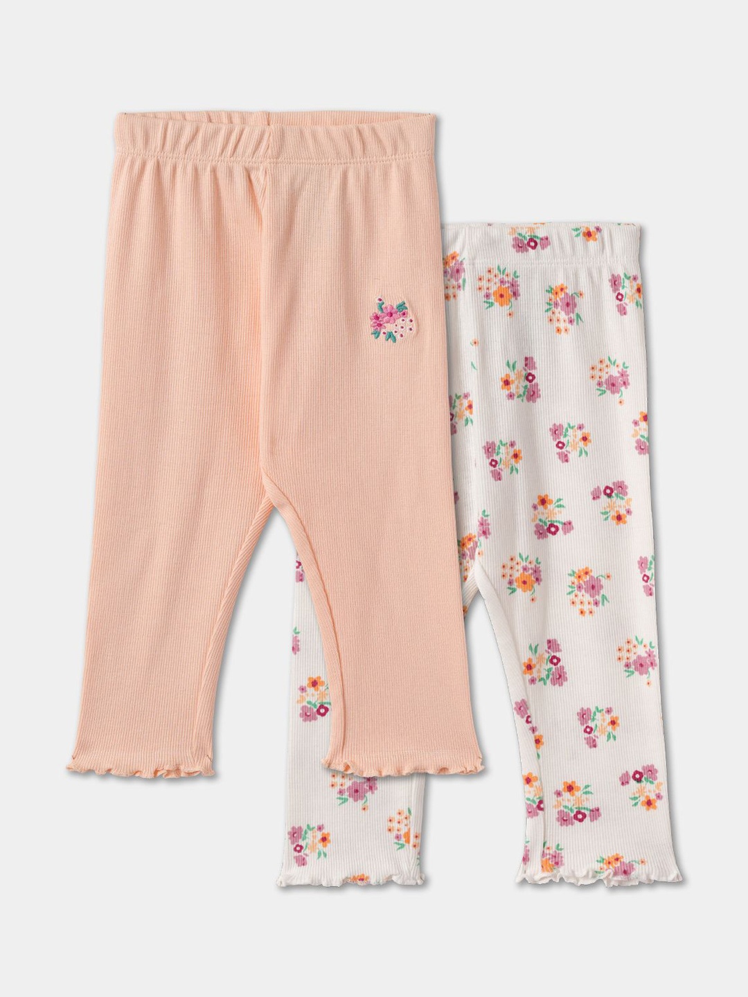 

R&B Girls Pack Of 2 Floral-Printed Ankle-Length Leggings, Peach