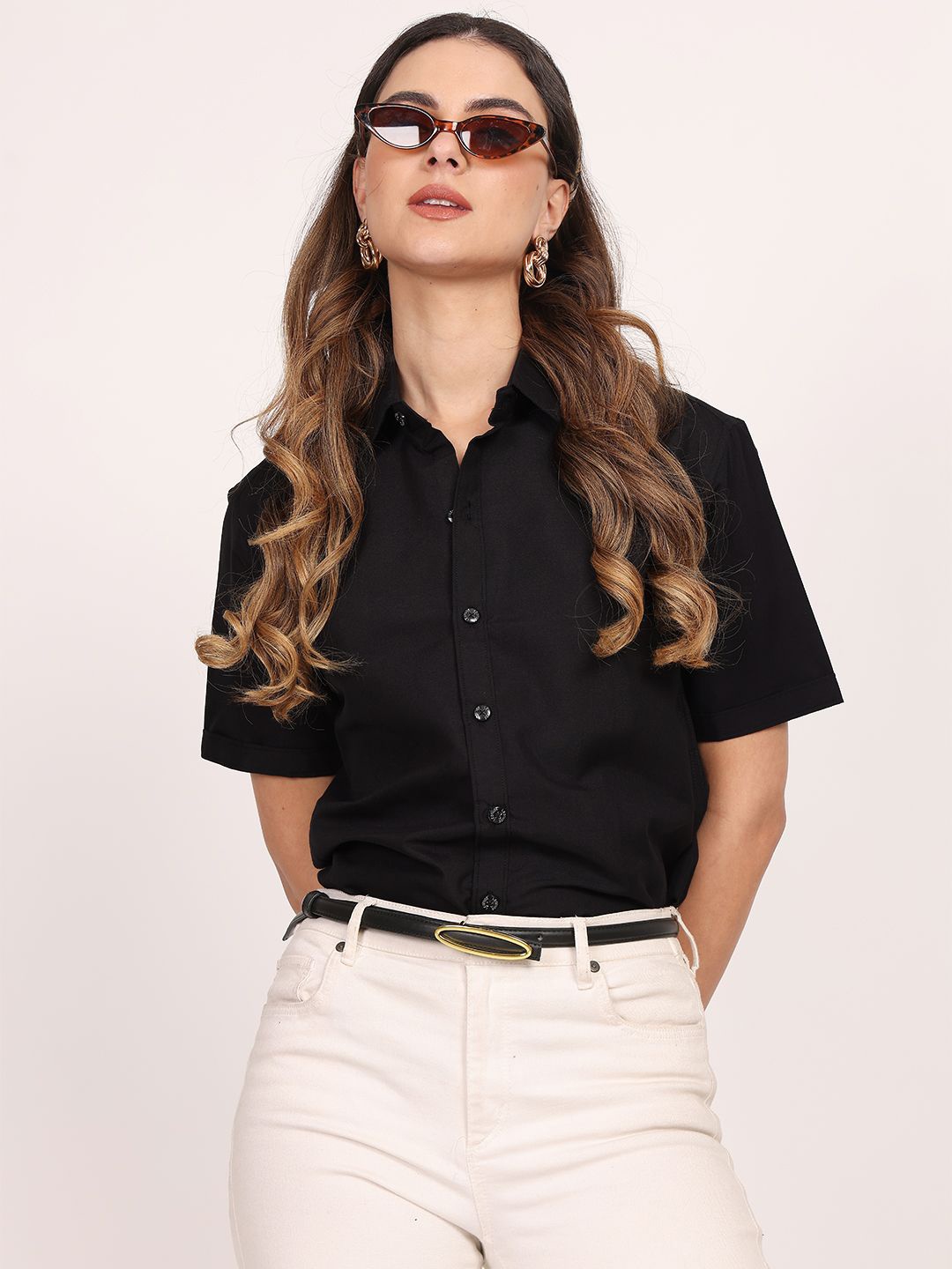 

Leotude Women Classic Fit Spread Collar Solid Cotton Casual Shirt, Black