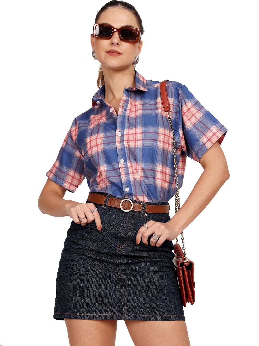 

Leotude Women Classic Spread Collar Checked Cotton Casual Shirt, Blue