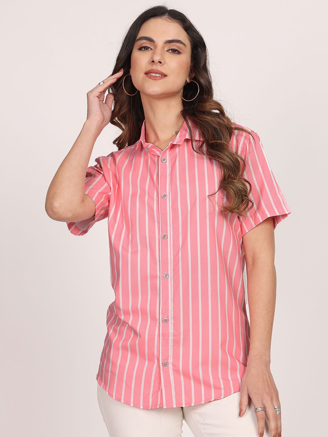 

Leotude Women Classic Spread Collar Vertical Striped Cotton Casual Shirt, Pink