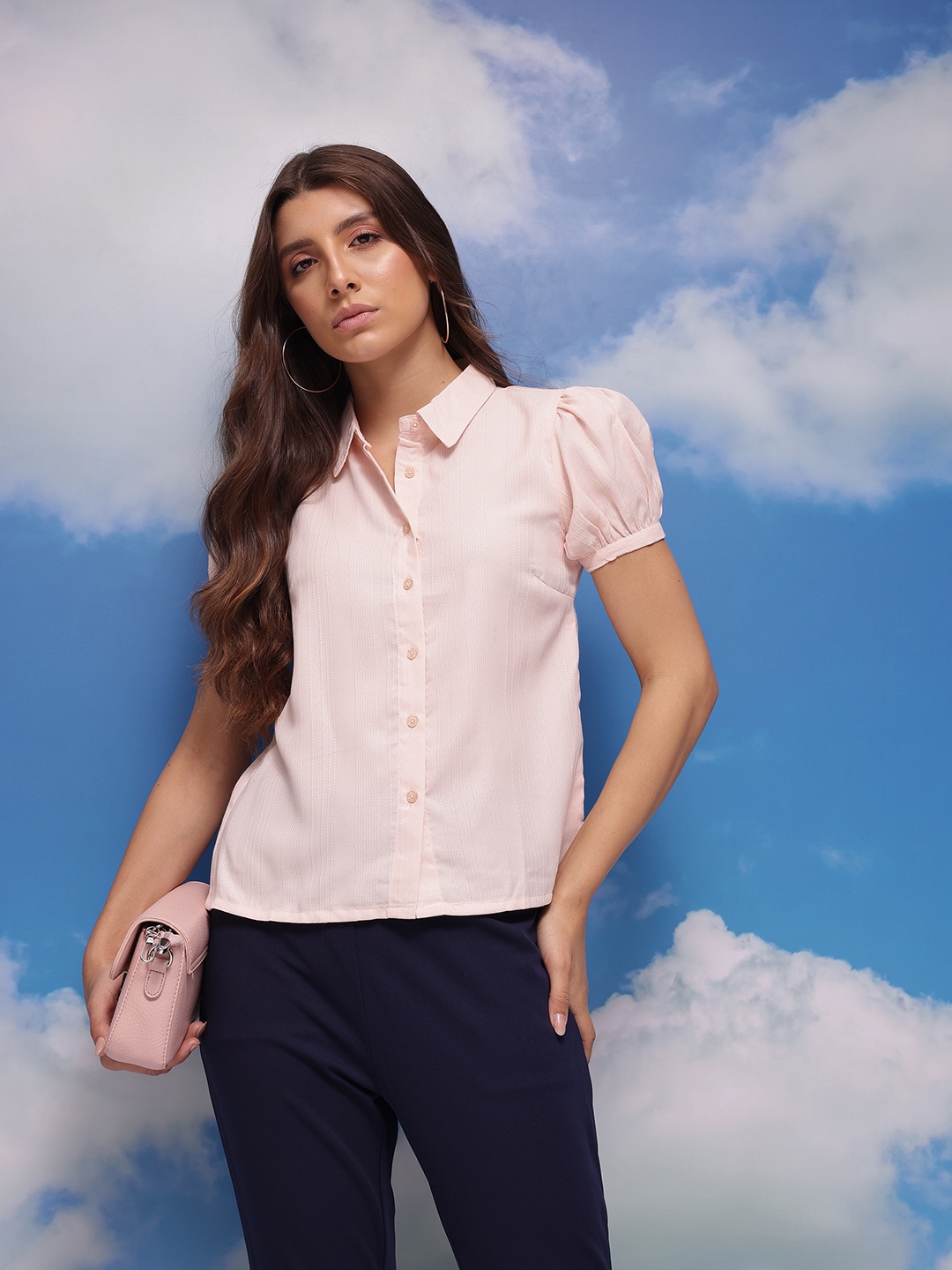 

CORSICA Women Self Striped Casual Shirt, Peach