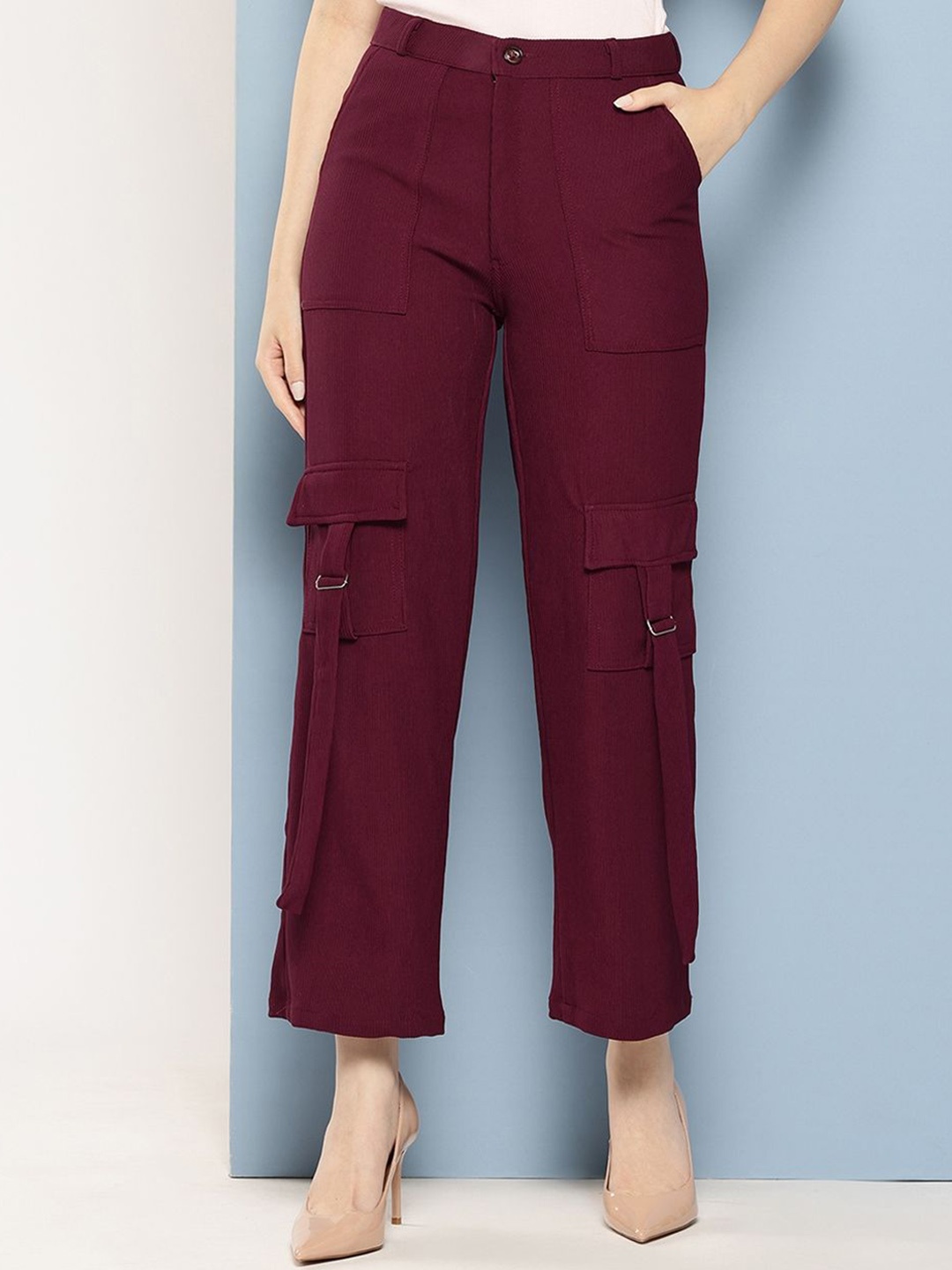 

Aarika Girls Smart Flared Mid-Rise Cotton Cargos, Burgundy