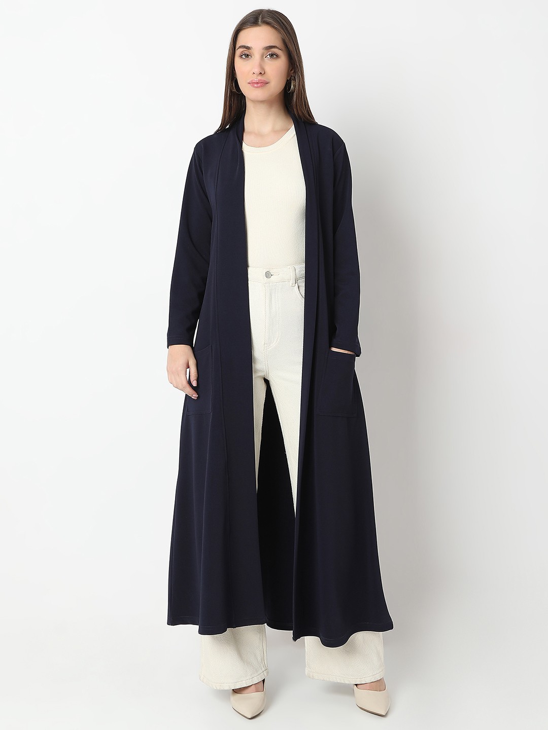 

Smarty Pants Women Collarless Solid Cotton Casual Lightweight Open Front Jacket, Navy blue
