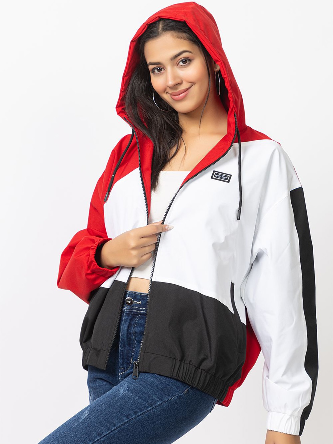 

Yung Gun Women Hooded Colourblocked Casual Windcheater Bomber Jacket, Red