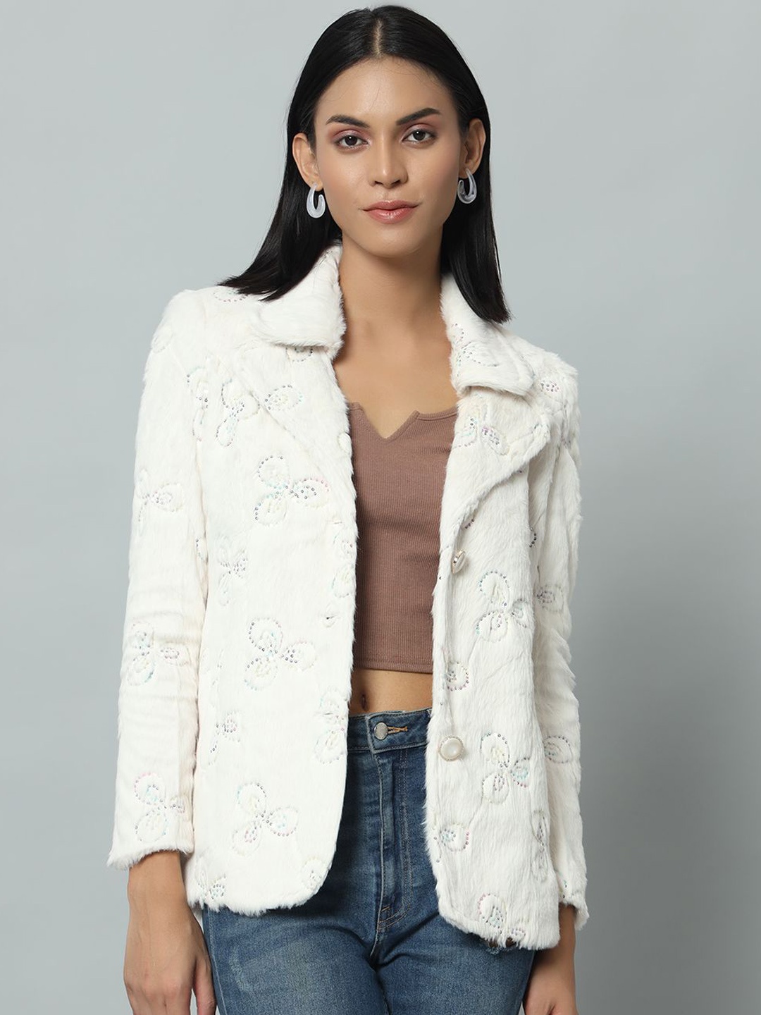 

Yung Gun Women Embroidered Lower Overcoat, Off white