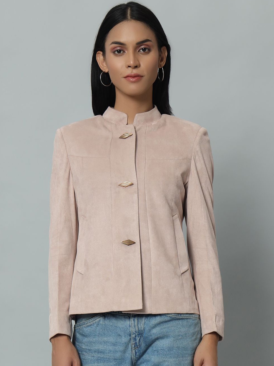 

Yung Gun Women Self Designed Stand Collar Single-Breasted Overcoat, Peach