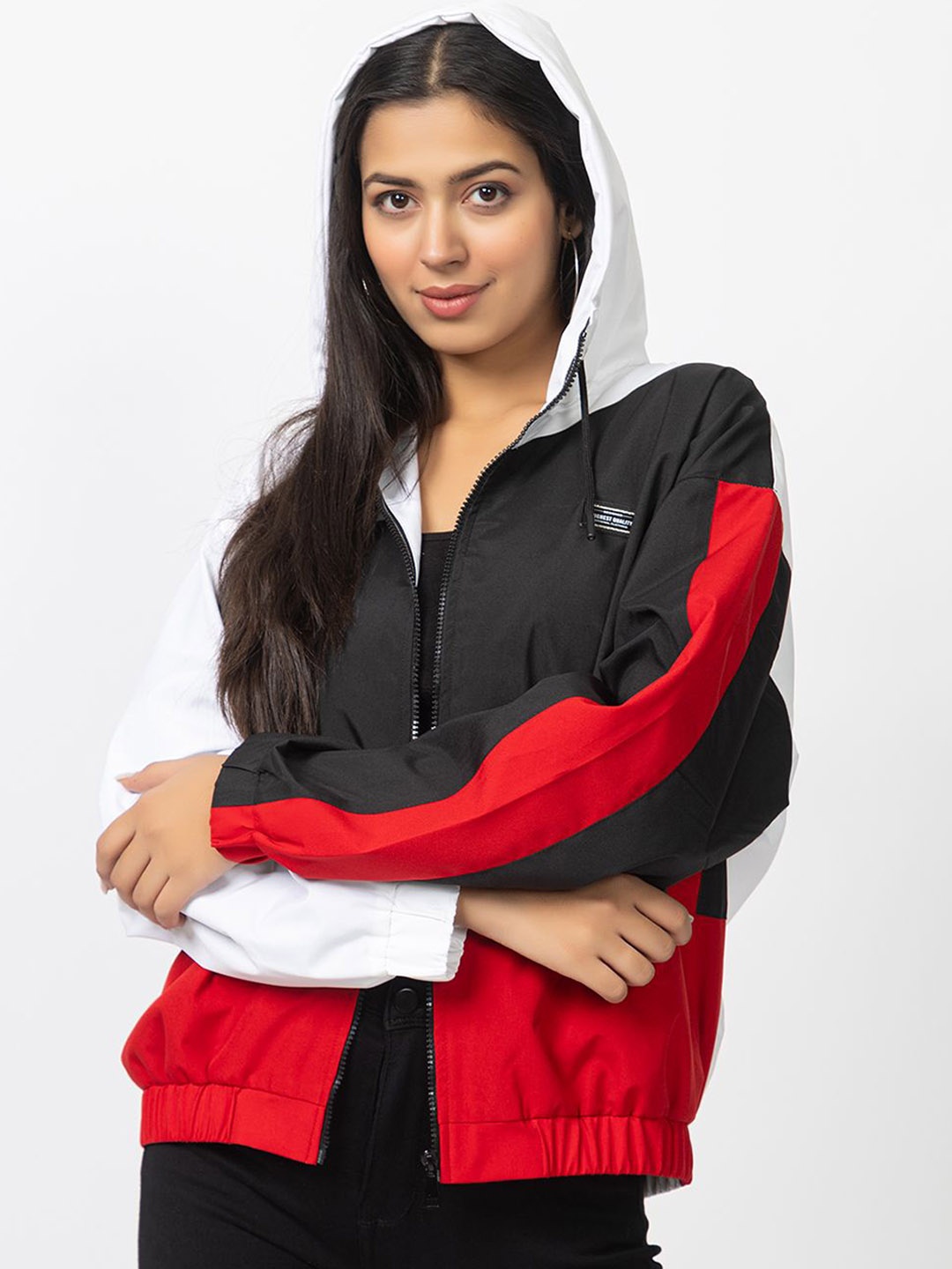 Yung Gun Women Hooded Colourblocked Casual Windcheater Sporty Jacket, White