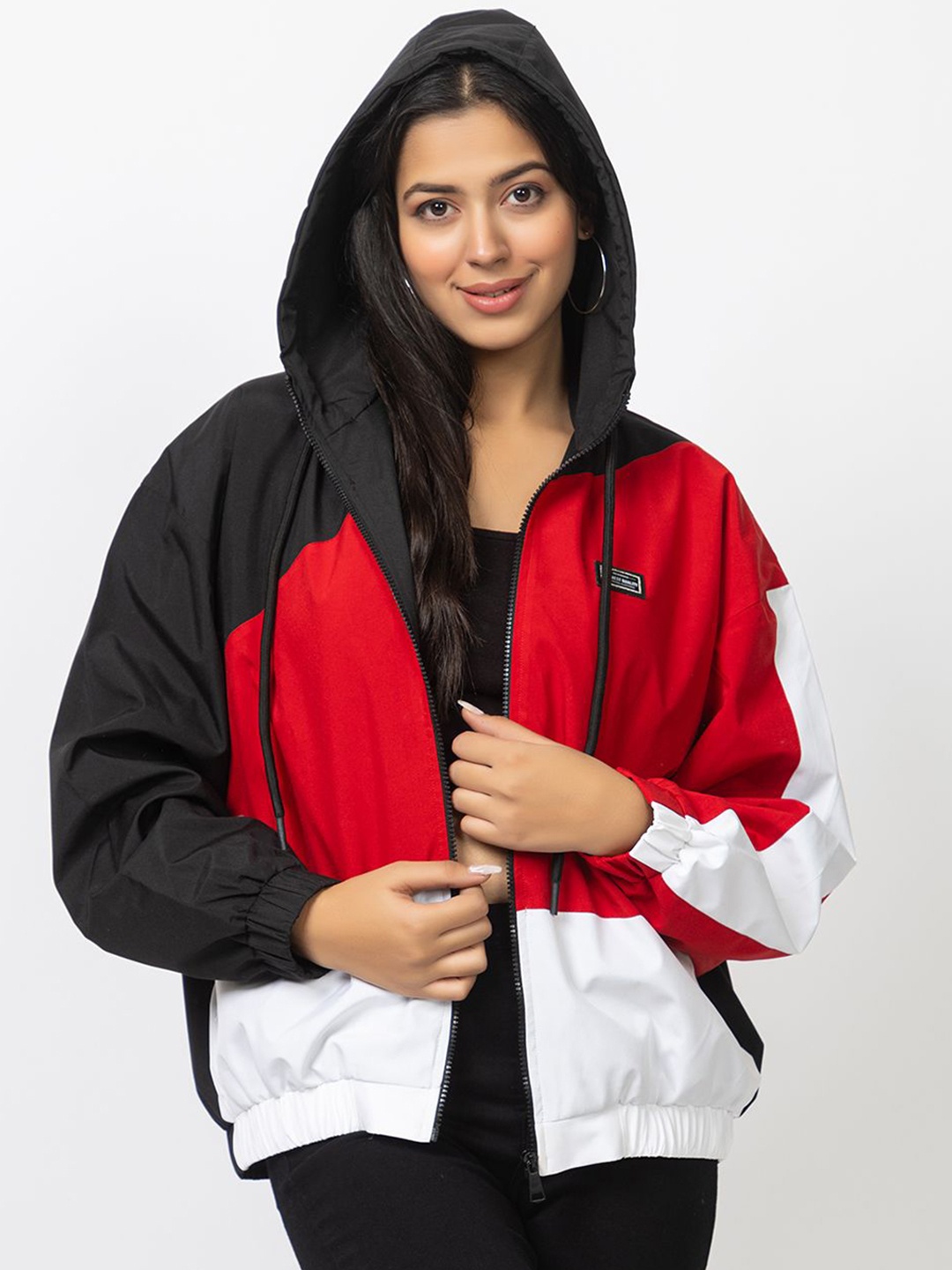 Yung Gun Women Hooded Colourblocked Casual Windcheater Bomber Jacket, Black