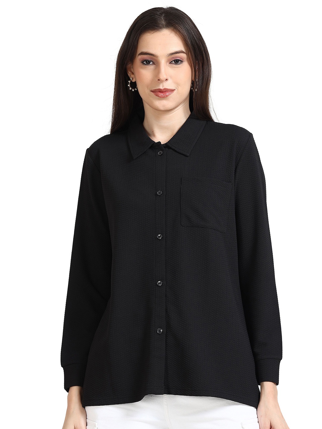 

ECOLINE Clothing Women Modern Spread Collar Solid Relaxed Fit Casual Shirt, Black