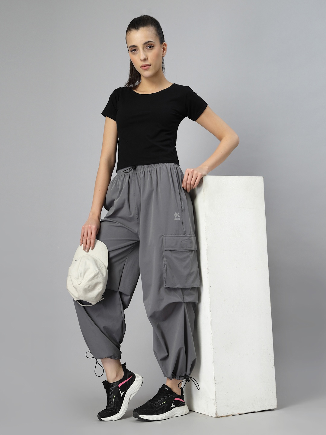 

HRX by Hrithik Roshan Women Loose Fit Baggy Parachute Cargo Trousers, Grey