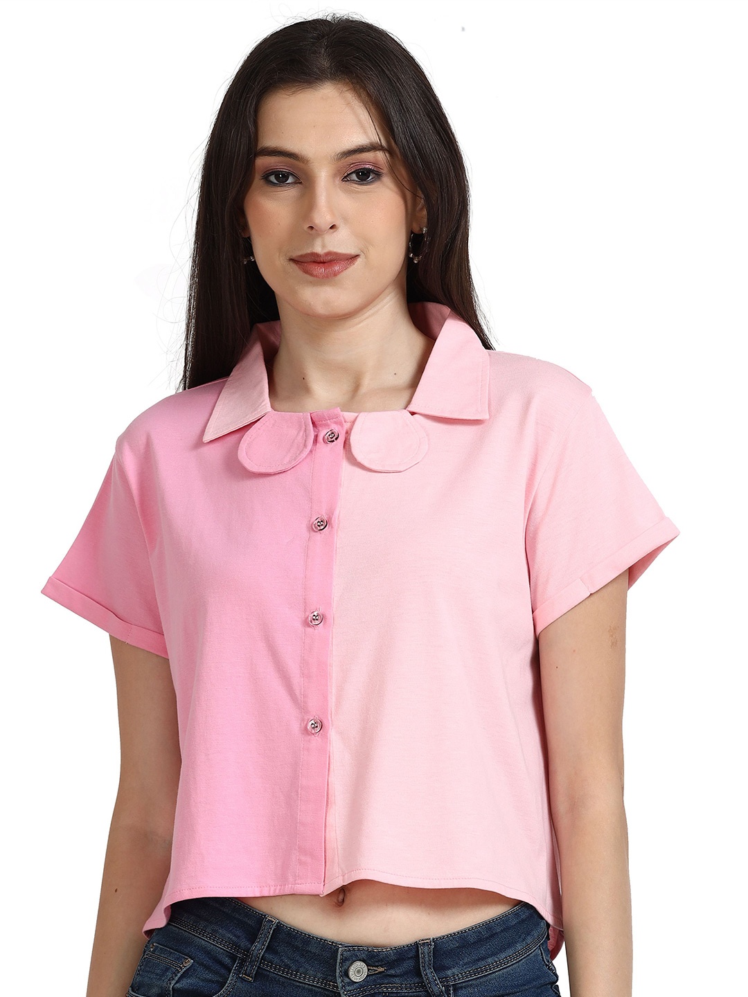 

ECOLINE Clothing Women Modern Spread Collar Solid Cotton Boxy Casual Shirt, Pink