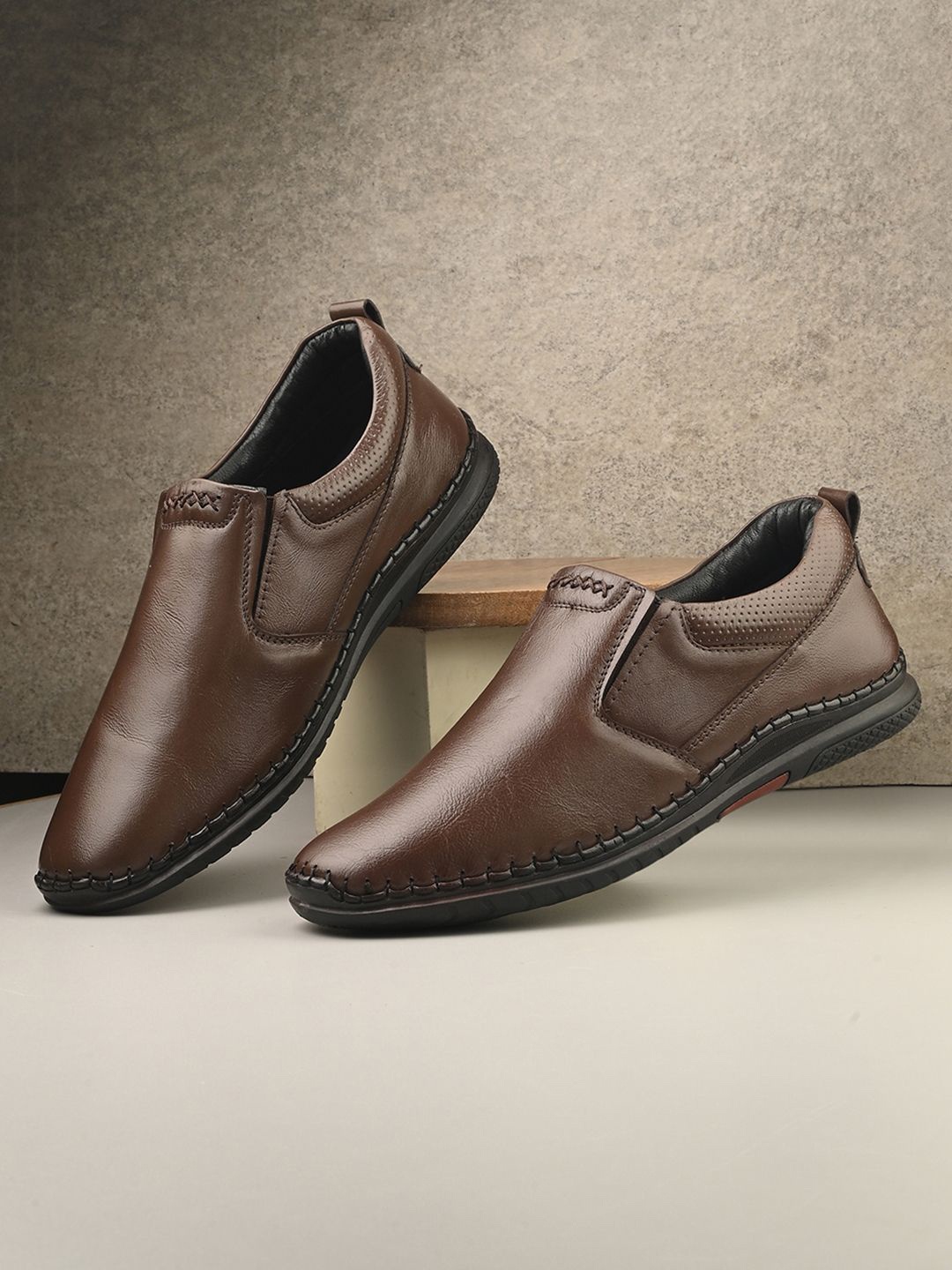 

HERE&NOW Men Leather Formal Slip-Ons, Brown