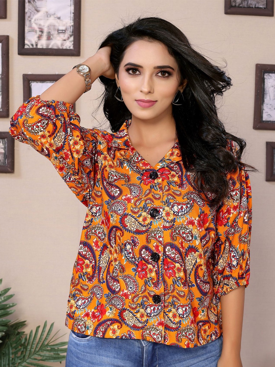 

vj fashion Women Cuban Collar Ethnic Motifs Printed Casual Shirt, Orange
