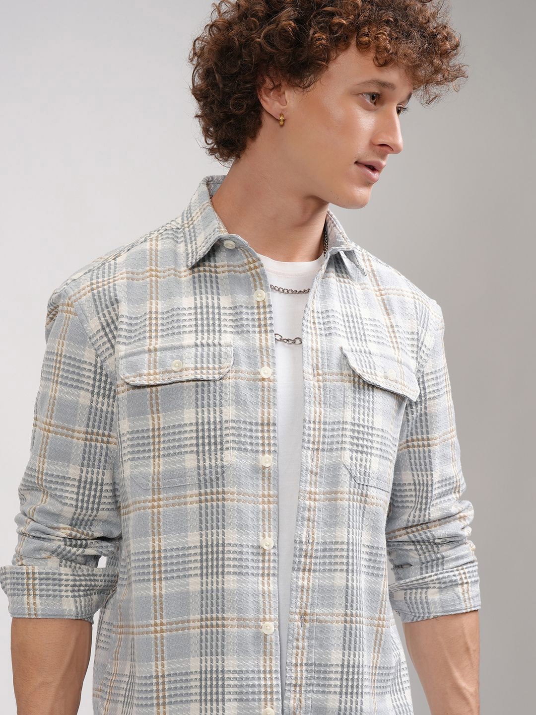 

HIGHLANDER Men Spread Collar Checked Cotton Casual Shirt, Grey