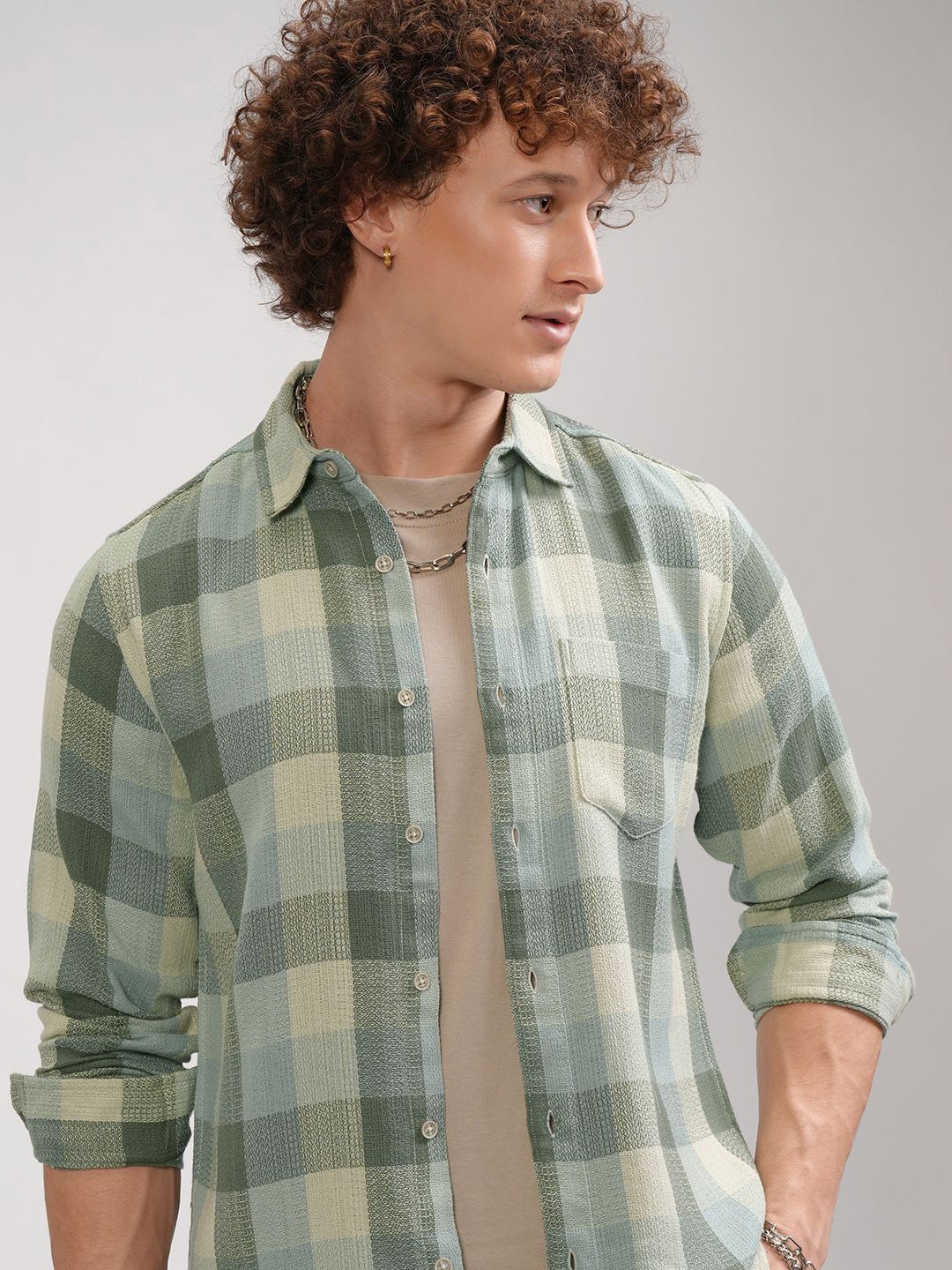 

HIGHLANDER Men Spread Collar Buffalo Checked Cotton Casual Shirt, Green