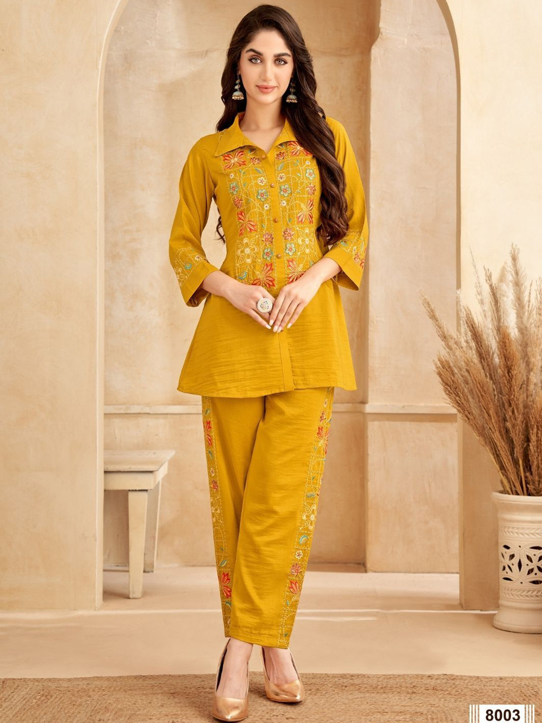 

Kaftanize Women Mustard Floral Embroidered Co-Ords