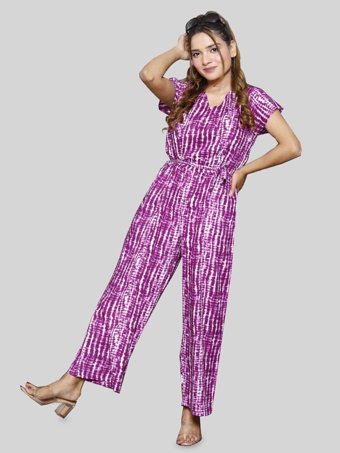 

FCV Women V-Neck Tie-Dye Cotton Basic Jumpsuit, Purple