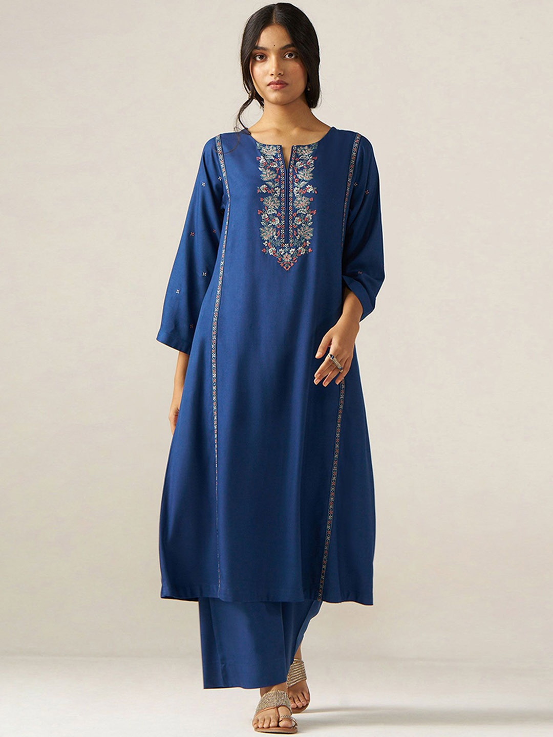 

Ganga Women Floral Embroidered Regular Pure Wool Kurta with Palazzos, Blue