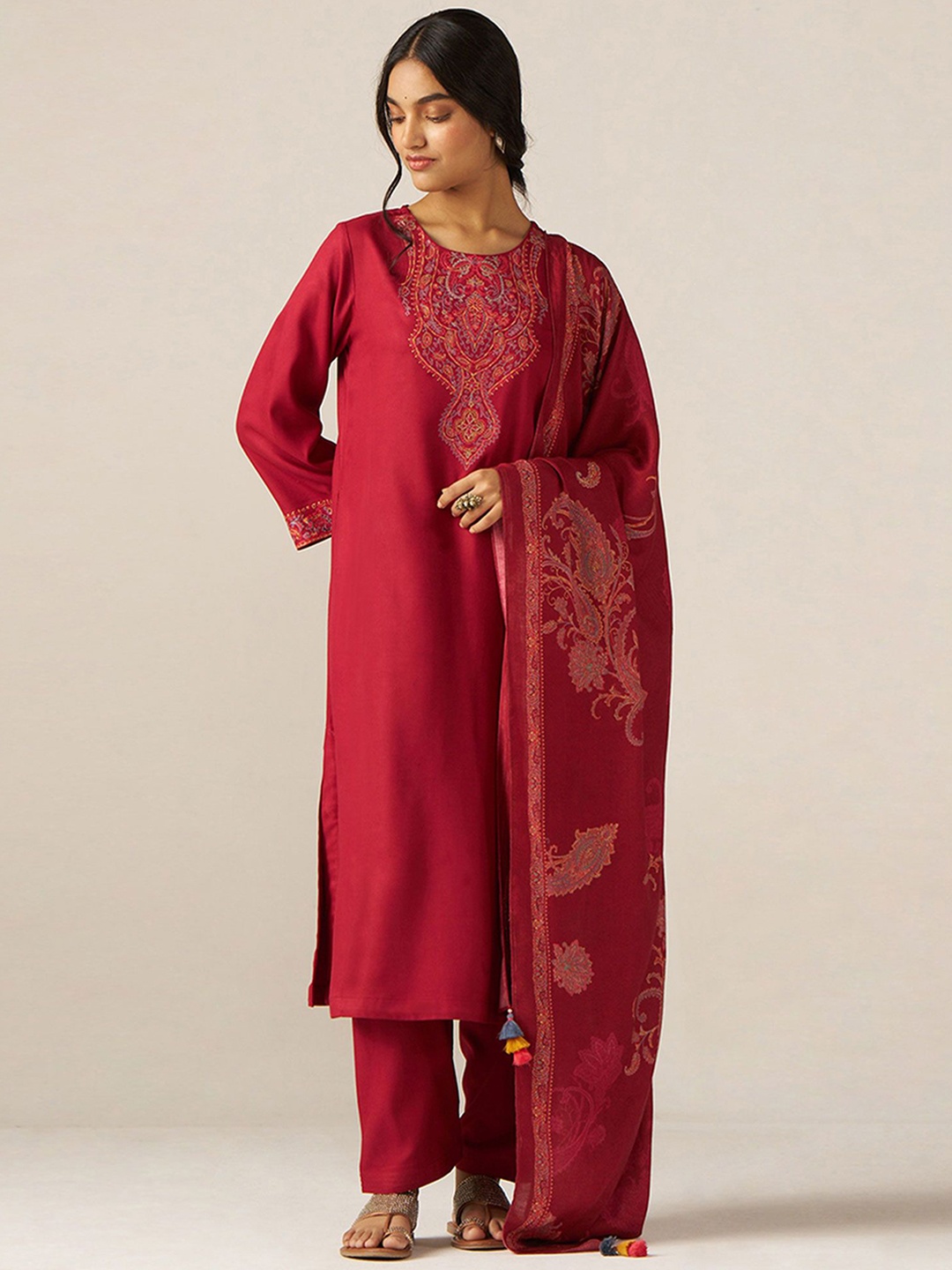 

Ganga Women Floral Embroidered Regular Pure Wool Kurta with Palazzos & With Dupatta, Red