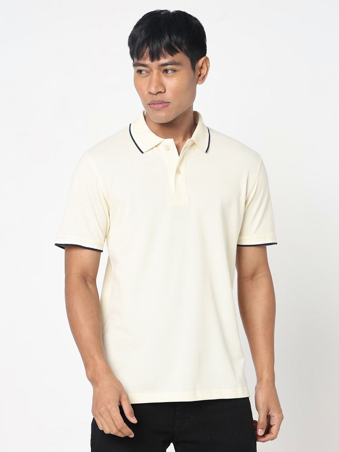 

R&B Men Solid Polo Collar Cotton T-shirt, Cream