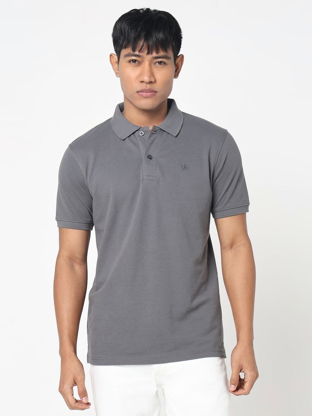 

R&B Men Solid Polo Collar Cotton T-shirt, Grey