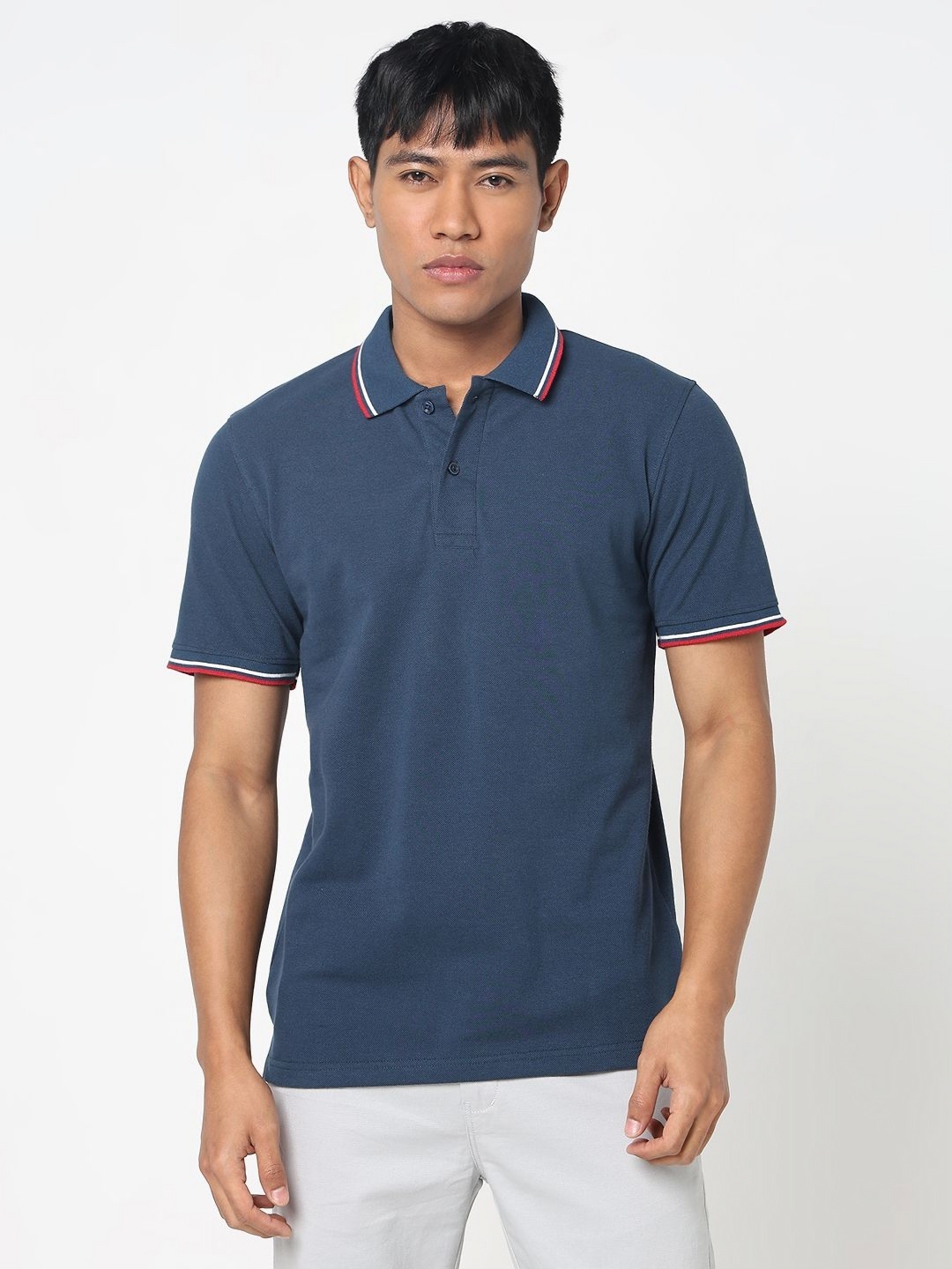 

R&B Men Solid Polo Collar Cotton T-shirt, Blue
