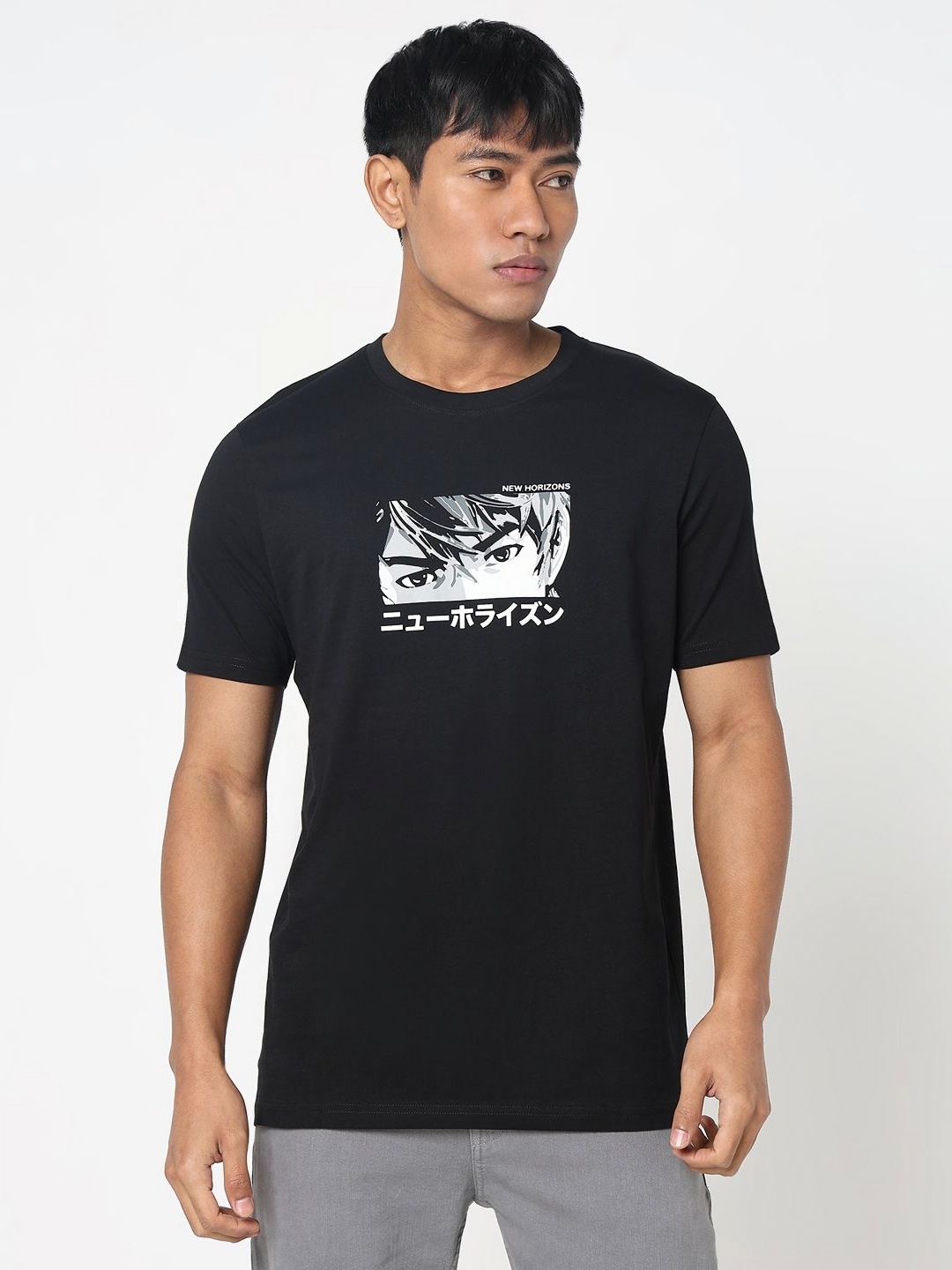 

R&B Men Graphic Printed Round Neck Cotton T-shirt, Black