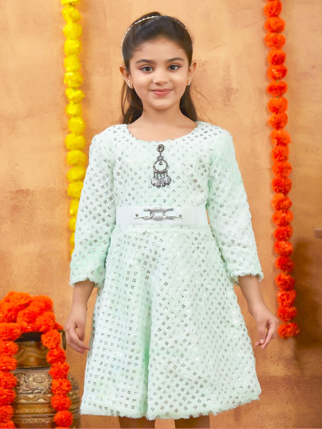 

Aarika Girls Embellished Fit & Flare Dress, Sea green