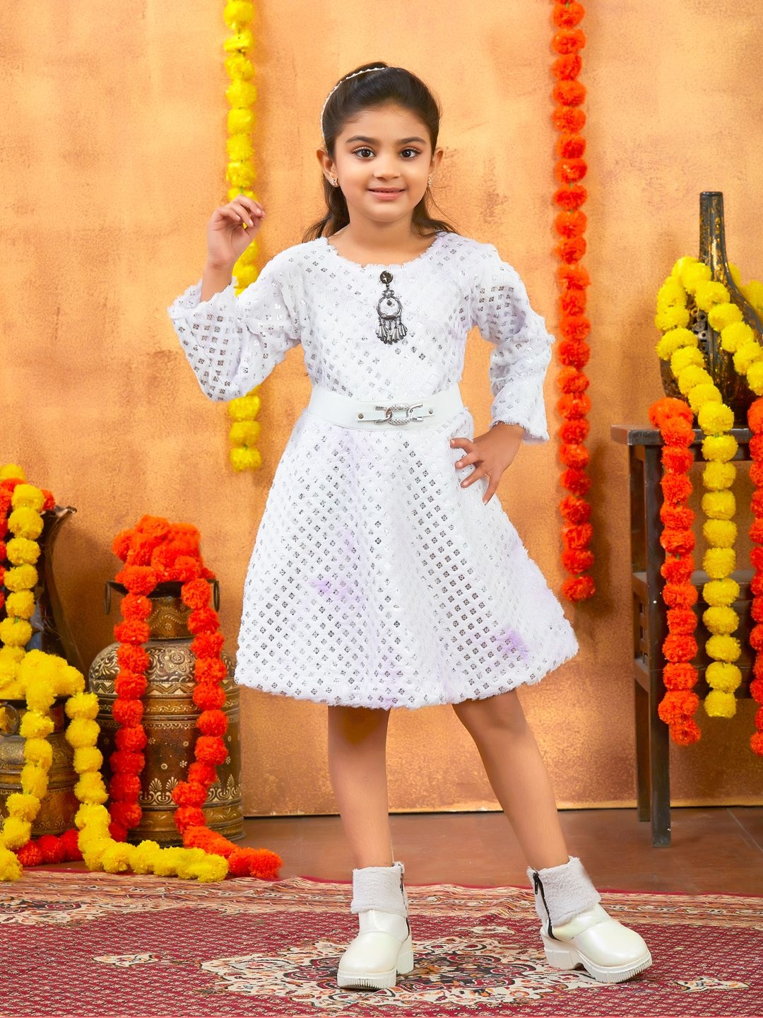 

Aarika Girls Self Design Round Neck Fit & Flare Dress, Purple