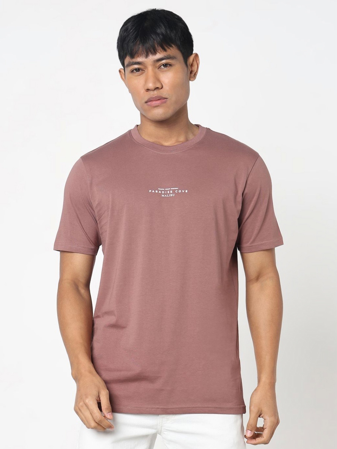 

R&B Men Typography Printed Round Neck Cotton T-shirt, Mauve