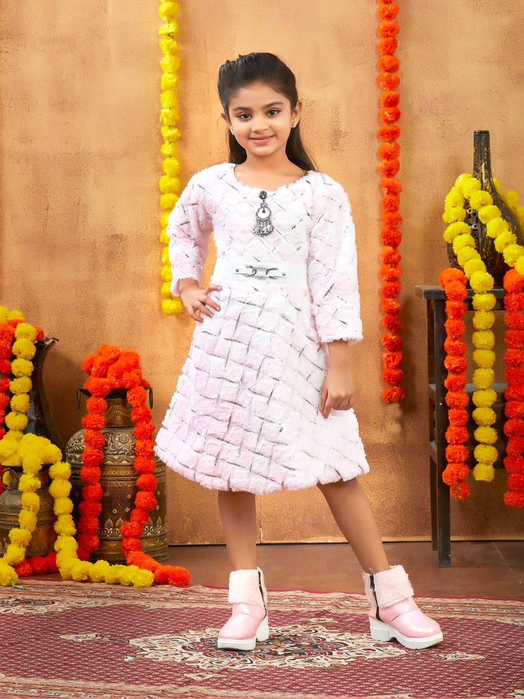 

Aarika Girls Self Design Round Neck Fit & Flare Dress, Pink