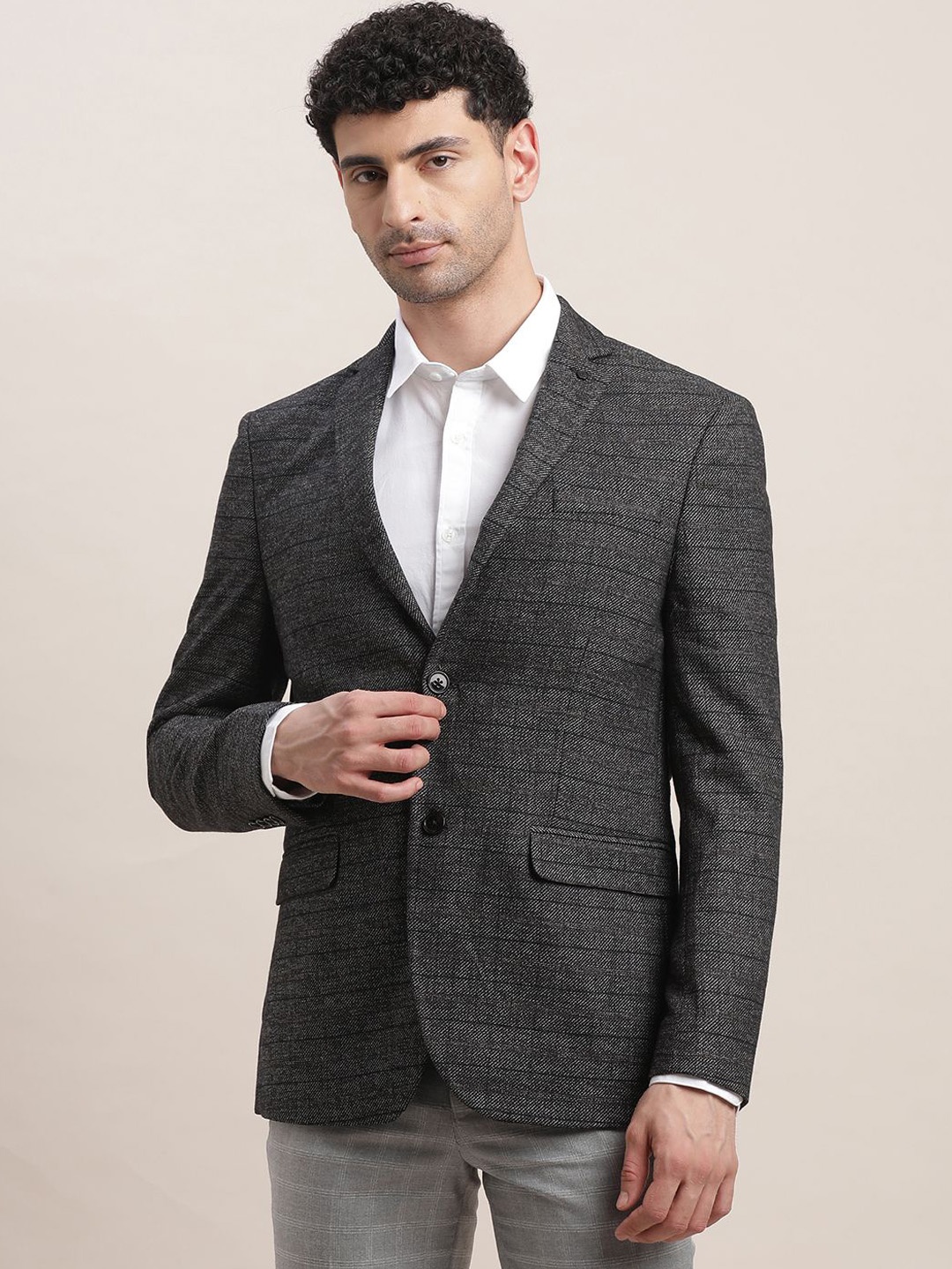 

Turtle Checked Knitted Single-Breasted Blazer, Charcoal