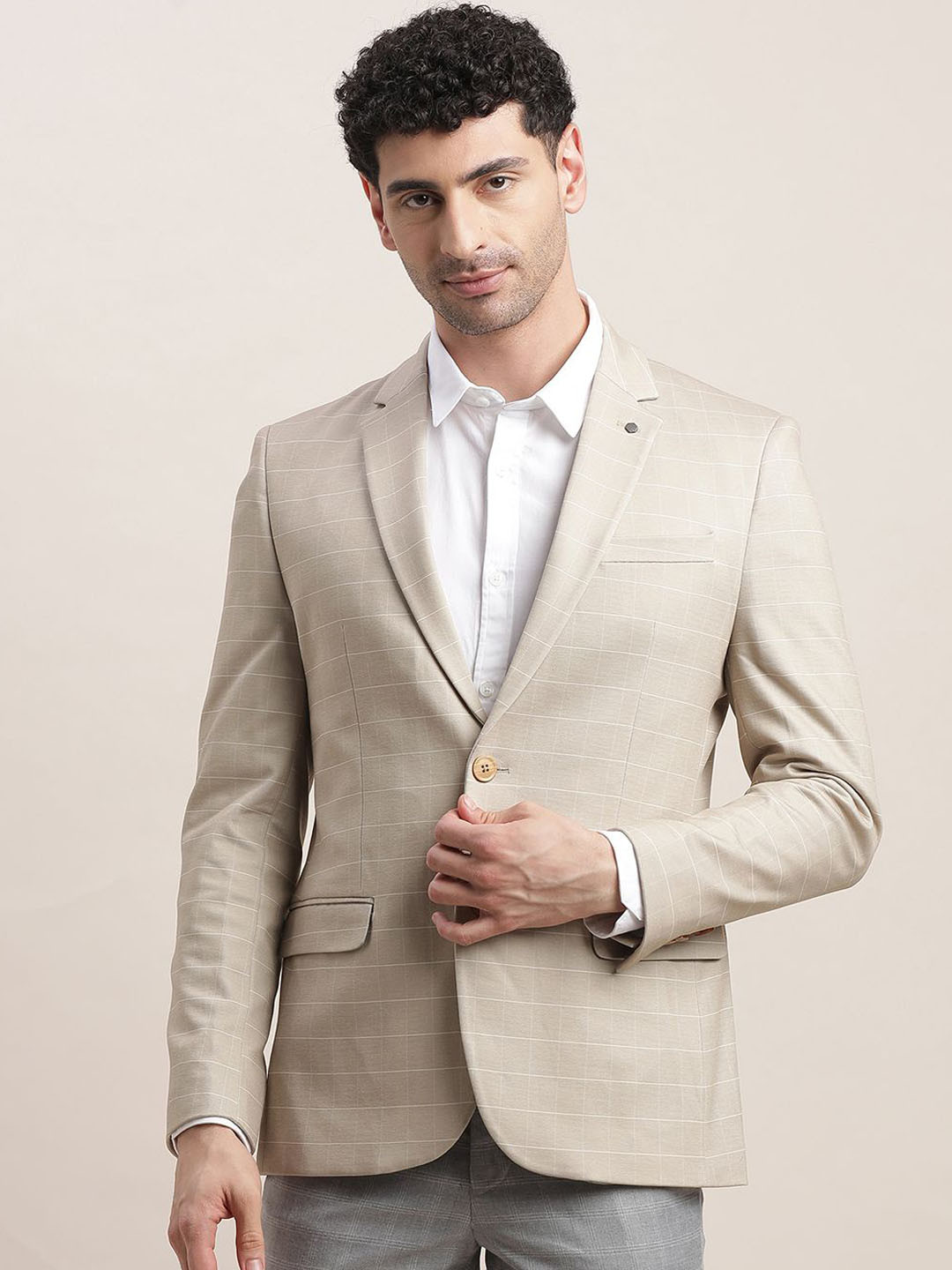 

Turtle Checked Notched Lapel Collar Single-Breasted Blazer, Grey