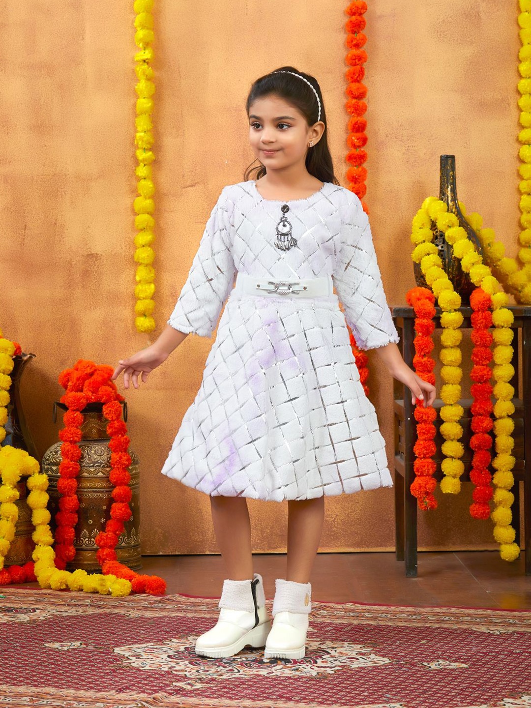 

Aarika Girls Checked Woollen Fit & Flare Dress, White