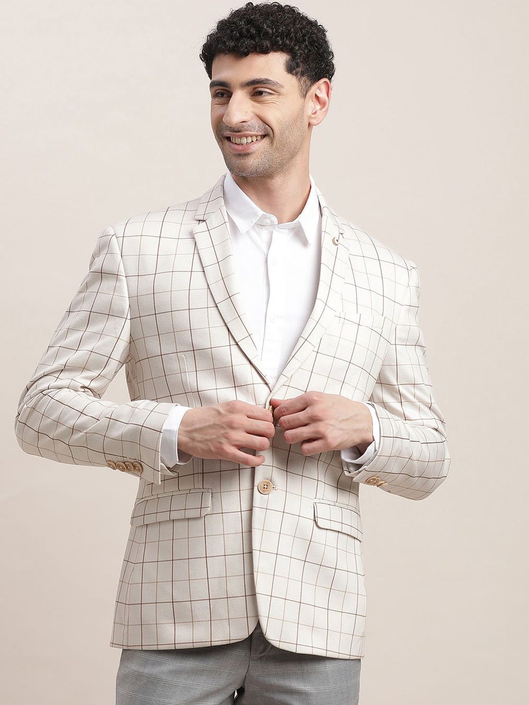 

Turtle Checked Notched Lapel Single Breasted Blazer, Beige