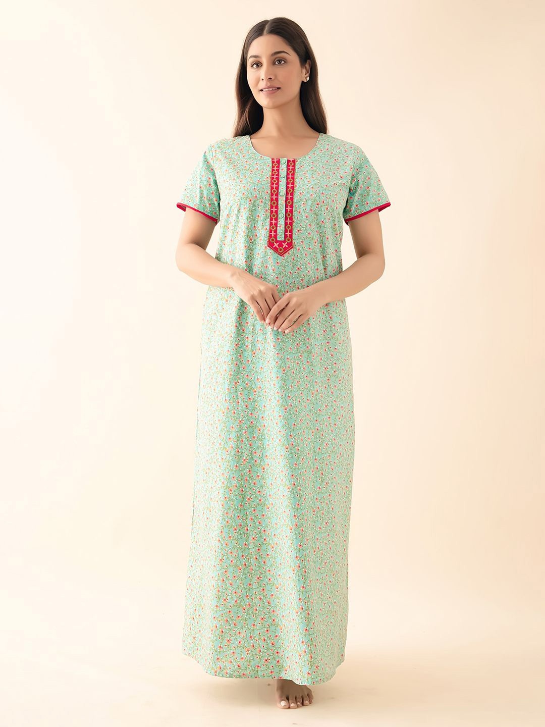 

Maybell Women Printed Pure Cotton Maxi Nightdress, Green