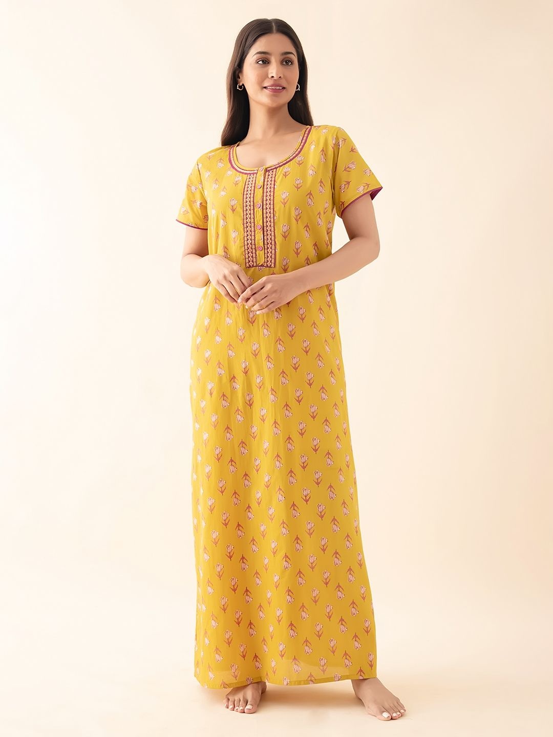 

Maybell Women Floral Printed Pure Cotton Maxi Nightdress, Mustard