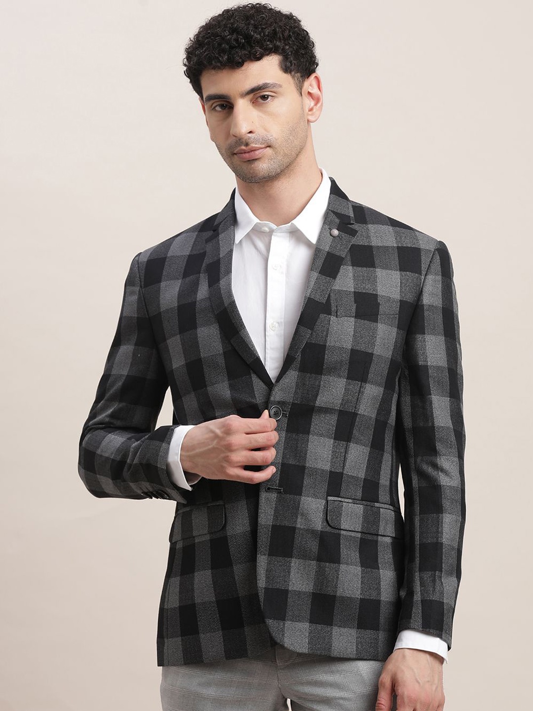 

Turtle Checked Knitted Single-Breasted Blazer, Charcoal