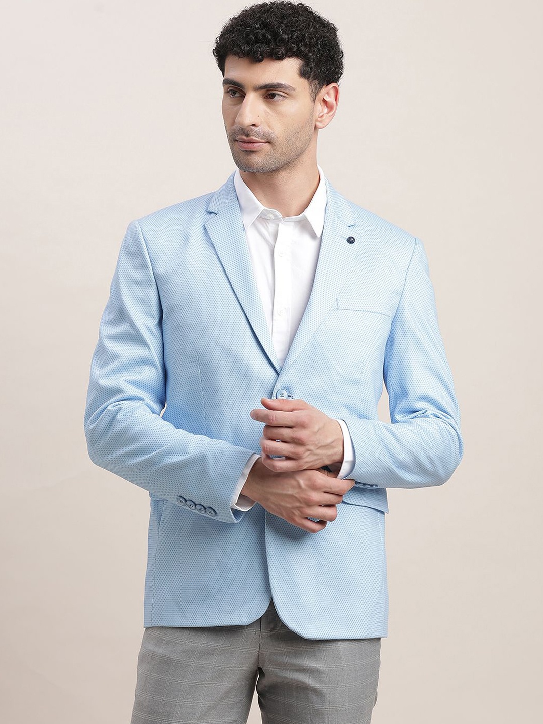 

Turtle Checked Notched Lapel Single Breasted Blazer, Blue