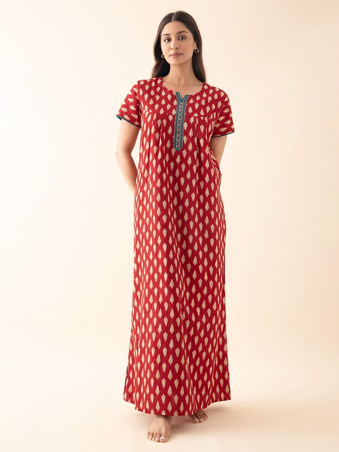 

Maybell Women Printed Pure Cotton Maxi Nightdress, Rust
