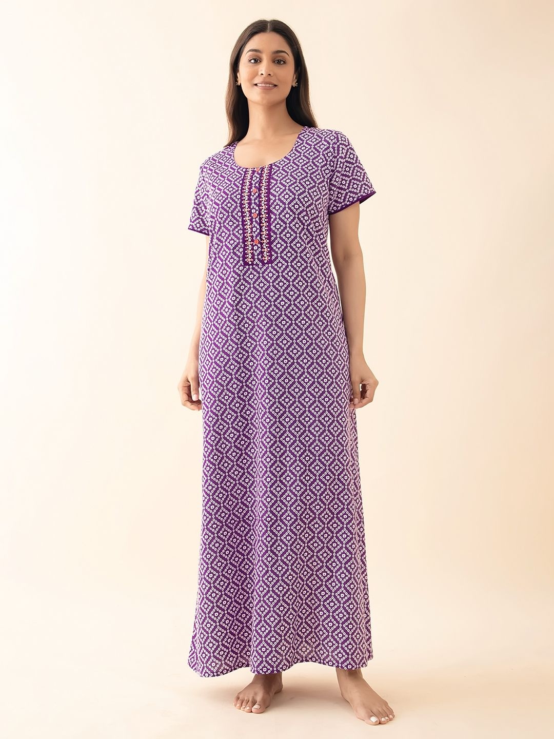 

Maybell Women Printed Pure Cotton Maxi Nightdress, Purple