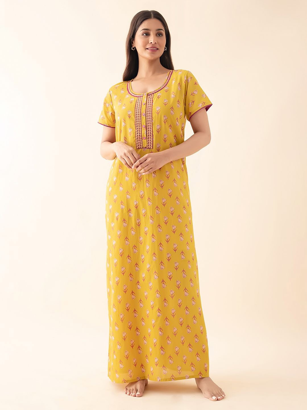 

Maybell Women Printed Maxi Pure Cotton Nightdress, Mustard