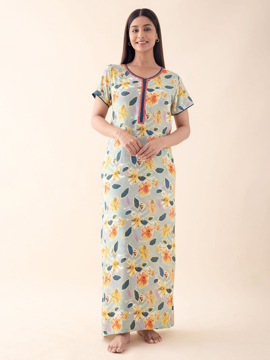 

Maybell Women Printed Maxi Nightdress, Grey