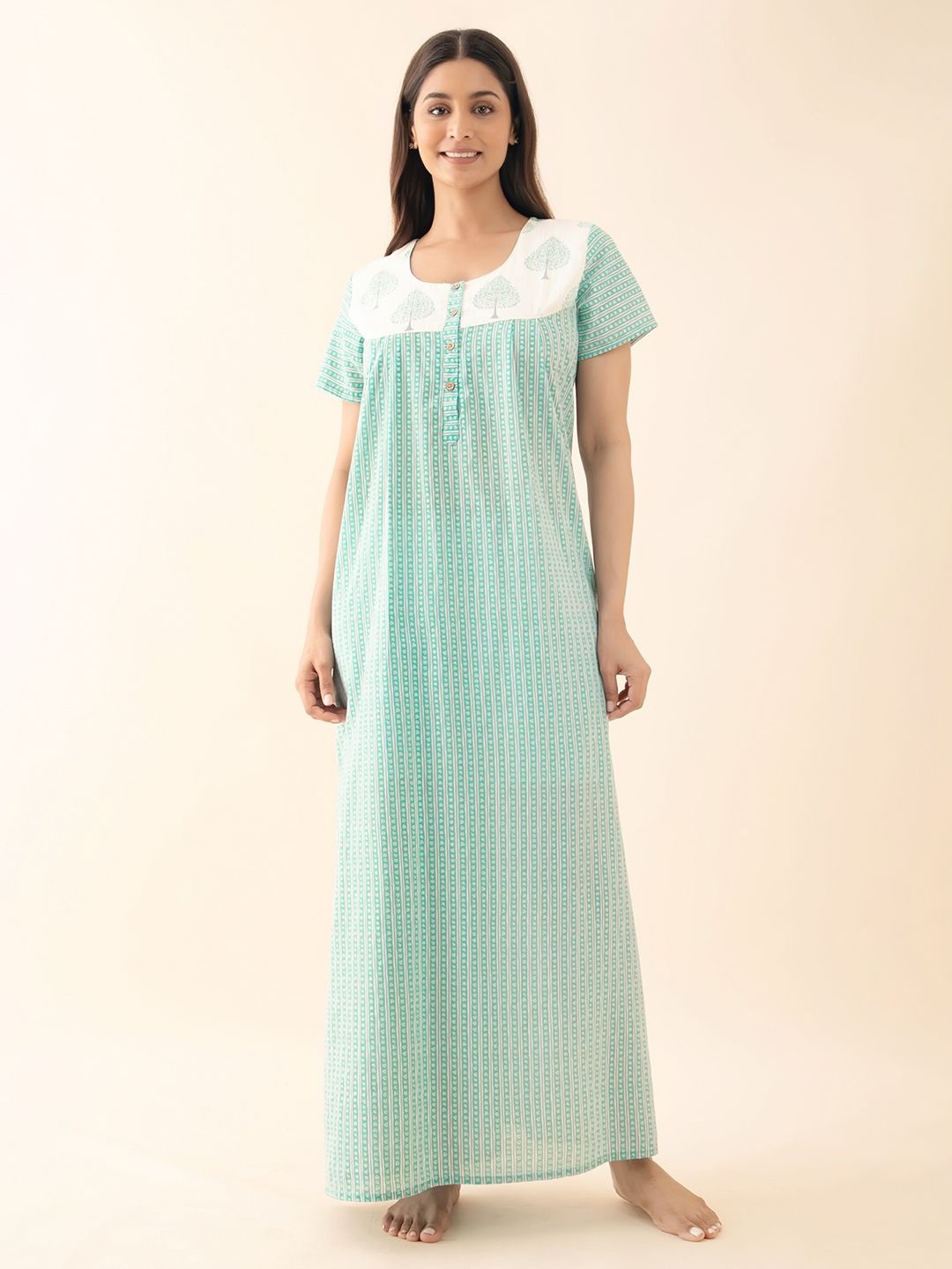 

Maybell Women Printed Maxi Pure Cotton Nightdress, Blue