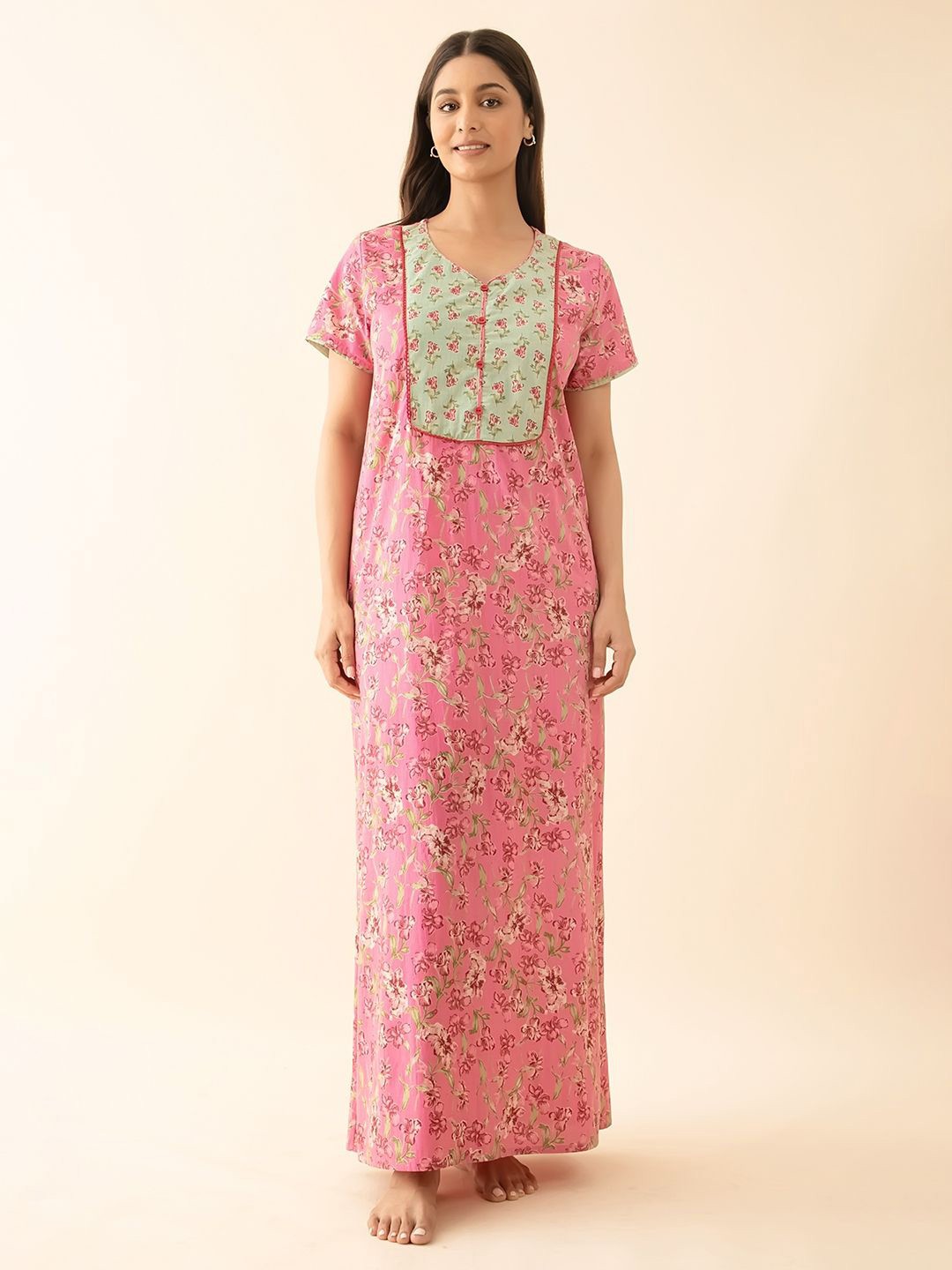 

Maybell Women Printed Pure Cotton Maxi Nightdress, Pink