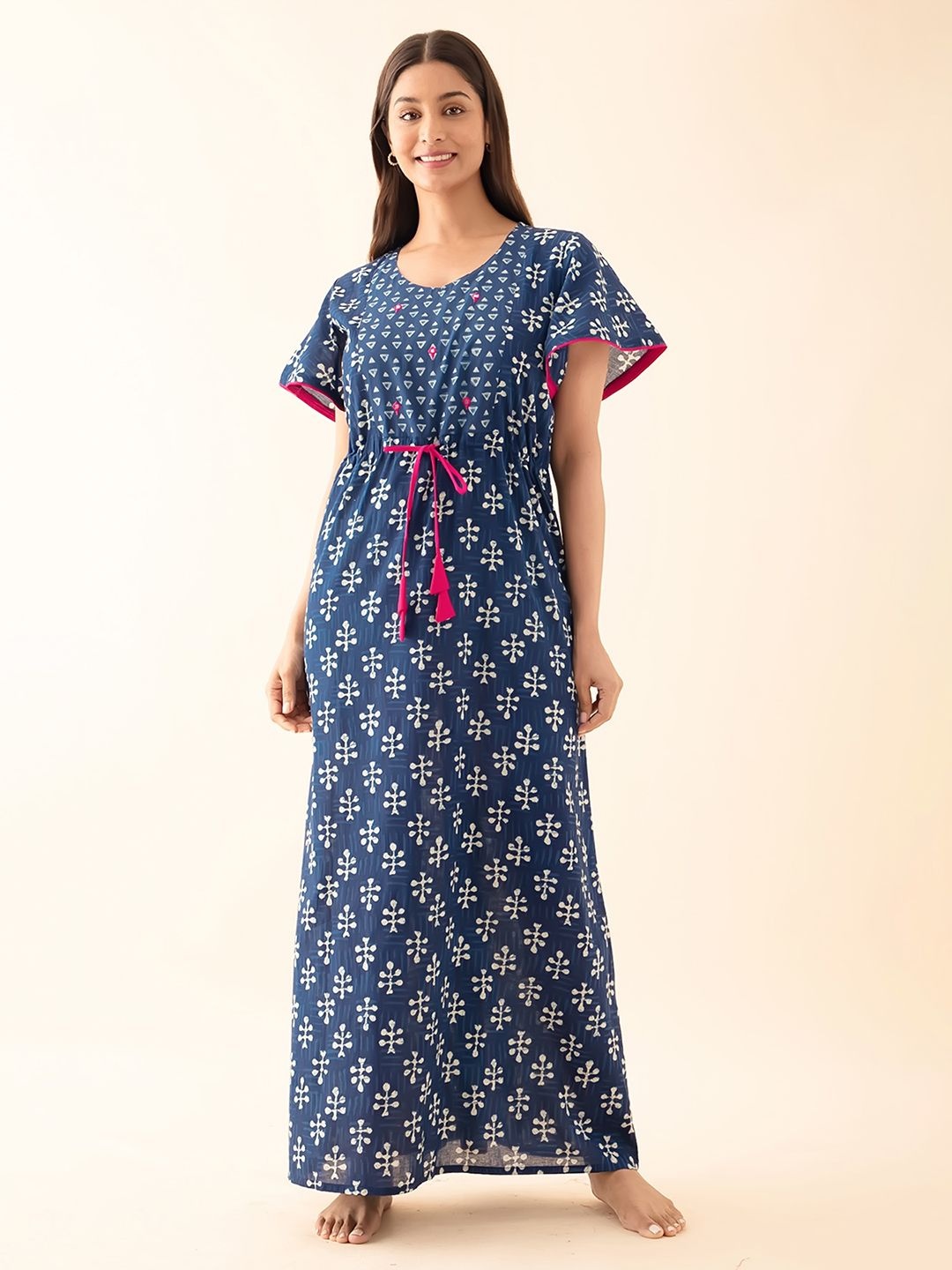 

Maybell Women Printed Pure Cotton Maxi Nightdress, Blue